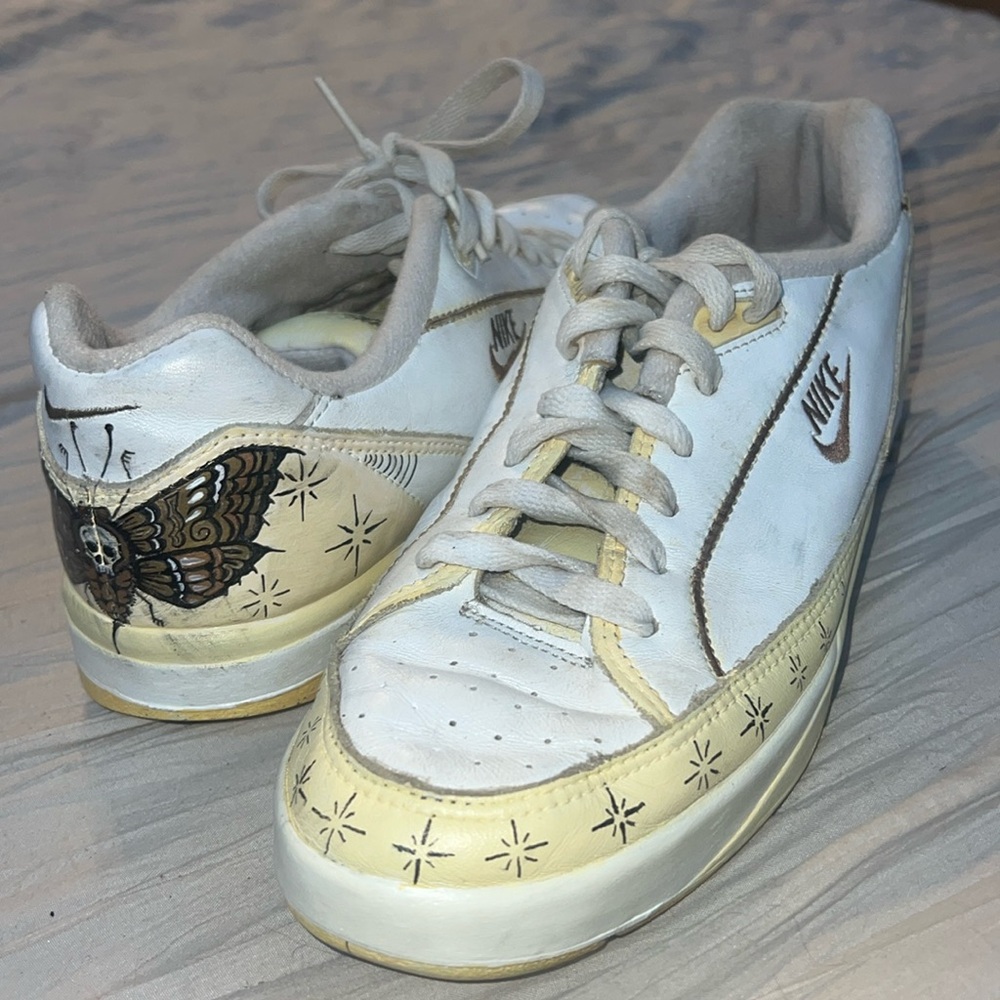 Nike sneakers, lightly worn, death head moth pattern, gold, yellow,